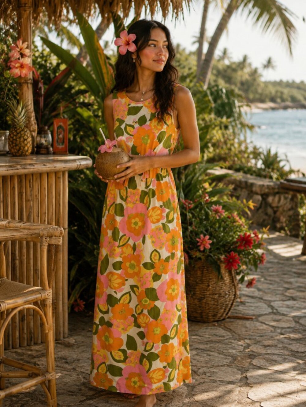 Vtg 60s bright floral hawaiian mod sleeveless maxi dress